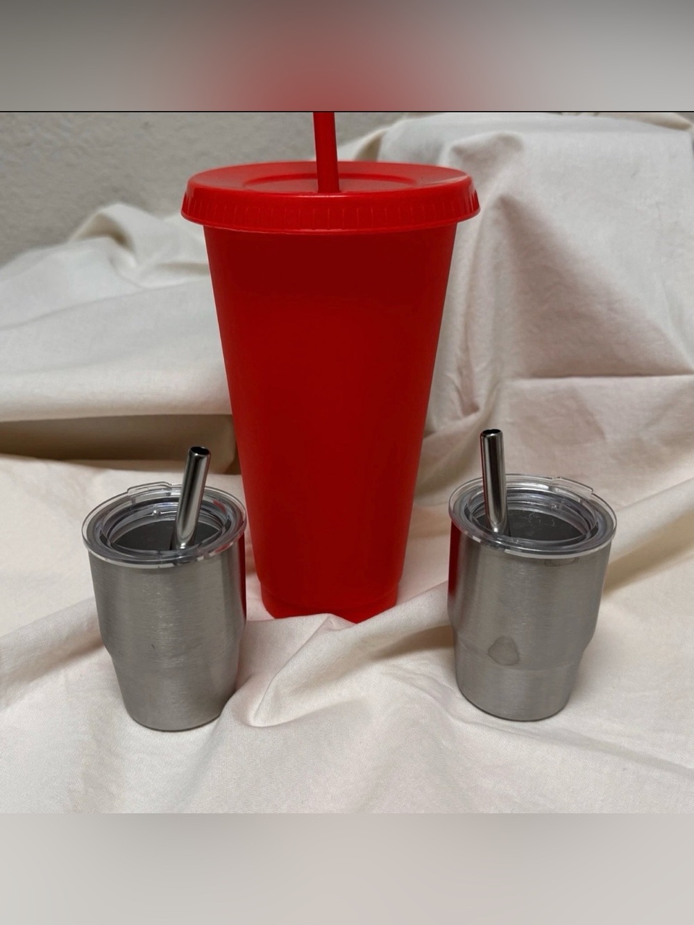 24 oz Red Cold Tumbler with straw and Stainless Steel Shot Glasses with Straws